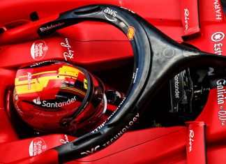 Aerial view of black Halo on red Ferrari SF-23